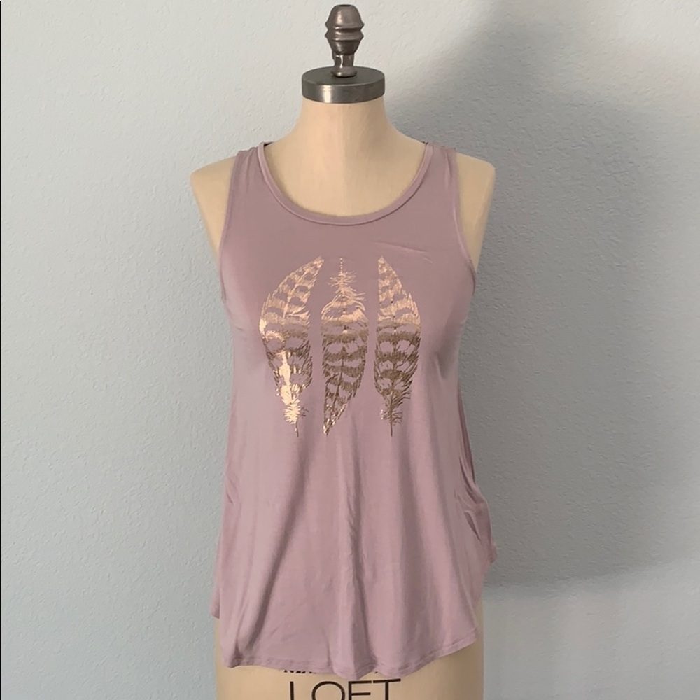 Old Navy Women’s Mauve Pink Feather Graphic Tank Top | Gold Metallic Print | XS